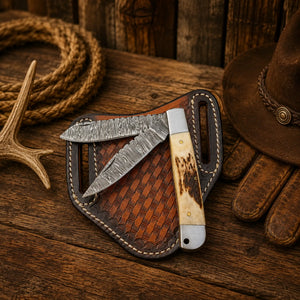 Trapper Pocket Knife – Damascus Two Blade Folding Knife with Antler Horn Handle