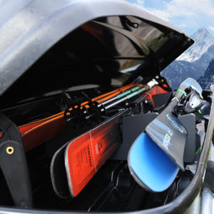 TRAPSKI LowPro 4 L Ski and Snowboard Rack Insert for Rooftop Cargo Box | High Quality Marine Grade HDPE Plastic | Premium Strap Included | 3 Year Warranty | Made in the USA | Veteran Owned Business - TRAPSKI