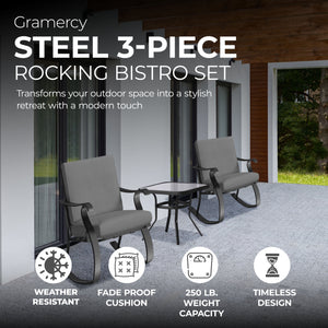 Four Seasons Courtyard Gramercy Sturdy Steel 3 Piece Rocking Bistro Set, Gray