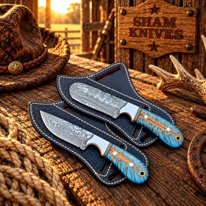 Turquoise Twilight Cowboy and bull cutter Knife – Damascus Steel Pine Cone Handles