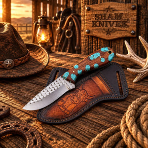 Turquoise & Wood Cowboy Field Dressing Knife – Rasp Steel & Sheath