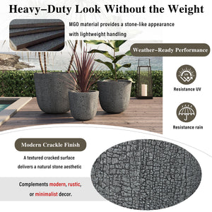 Lightweight MGO Planter Set of 3 with Crackle Texture - Gray