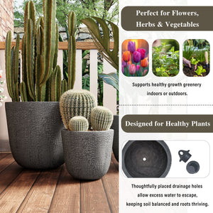 Lightweight MGO Planter Set of 3 with Crackle Texture - Gray