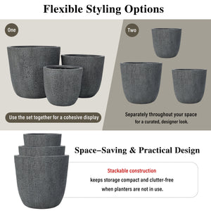 Lightweight MGO Planter Set of 3 with Crackle Texture - Gray