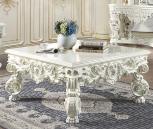 Elegant White Coffee Table with Sculptured Floral Legs - Antique White