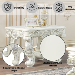Elegant White Coffee Table with Sculptured Floral Legs - Antique White