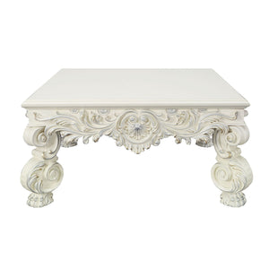 Elegant White Coffee Table with Sculptured Floral Legs - Antique White