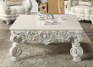 Elegant White Coffee Table with Sculptured Floral Legs - Antique White
