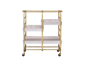 Gold & White Washed Finish Serving Cart with Removable Wooden Trays