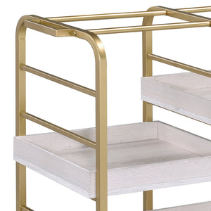 Gold & White Washed Finish Serving Cart with Removable Wooden Trays
