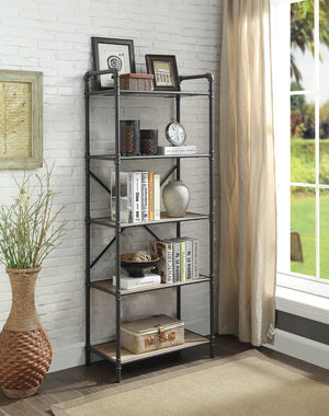 Itzel Bookshelf Etagere with 5 Wooden Shelves - Antique Oak / Sandy Gray