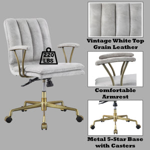 Vintage Top Grain Leather Office Chair with Ergonomic Support - Antique White