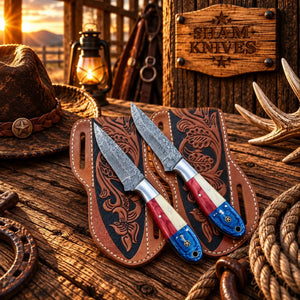 Custom Damascus Cowboy Skinner Set – USA Flag Handles & Sheaths