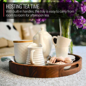 16.5 Inch Round Walnut Wood Serving and Coffee Table Tray with Handles - TRAPSKI