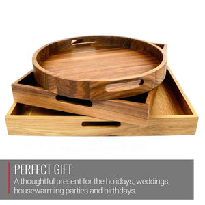 16.5 Inch Round Walnut Wood Serving and Coffee Table Tray with Handles - TRAPSKI