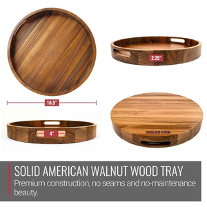 16.5 Inch Round Walnut Wood Serving and Coffee Table Tray with Handles - TRAPSKI