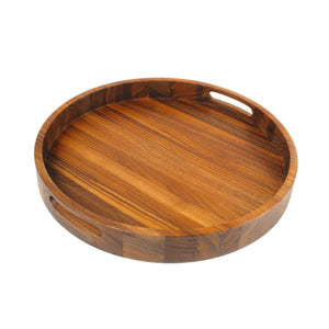 16.5 Inch Round Walnut Wood Serving and Coffee Table Tray with Handles - TRAPSKI