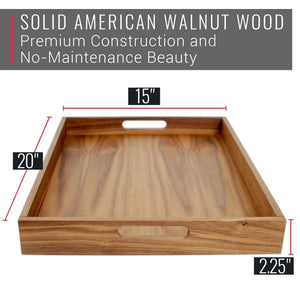 20 x 15 Inch Rectangular Walnut Wood Serving and Coffee Table Tray with Handles - TRAPSKI