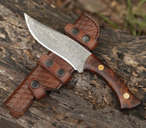 Virtue Damascus Hunting Knife Fixed Blade with Exotic Rose Wood Handle