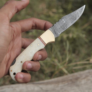 Custom Hand Forged Damascus Folding Knife Engraved Brass Bolster With Bone Handle WH 1554