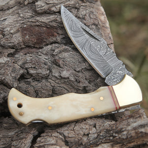 Custom Hand Forged Damascus Folding Knife Engraved Brass Bolster With Bone Handle WH 1554