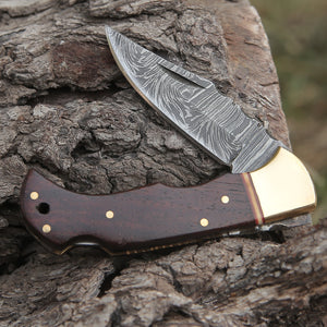 Custom Hand Forged Damascus Folding Knife Brass Bolster With Rose Wood Handle WH 1555