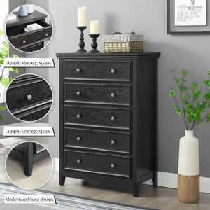Modern 5-Drawer Black Dresser with Metal Handles - Black