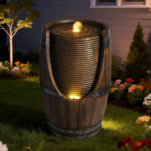 Outdoor Barrel Water Fountain with LED Lights - Rustic Wood Look Resin
