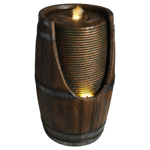 Outdoor Barrel Water Fountain with LED Lights - Rustic Wood Look Resin
