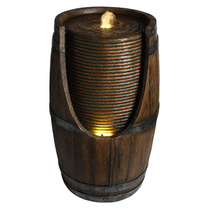 Outdoor Barrel Water Fountain with LED Lights - Rustic Wood Look Resin