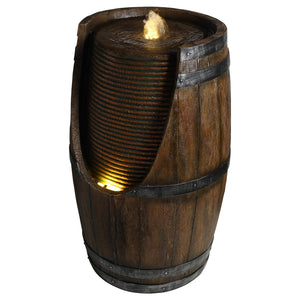 Outdoor Barrel Water Fountain with LED Lights - Rustic Wood Look Resin