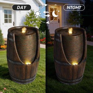 Outdoor Barrel Water Fountain with LED Lights - Rustic Wood Look Resin