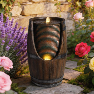 Outdoor Barrel Water Fountain with LED Lights - Rustic Wood Look Resin