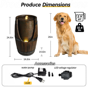 Outdoor Barrel Water Fountain with LED Lights - Rustic Wood Look Resin