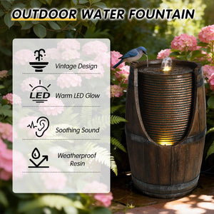 Outdoor Barrel Water Fountain with LED Lights - Rustic Wood Look Resin