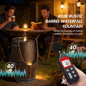 Outdoor Barrel Water Fountain with LED Lights - Rustic Wood Look Resin
