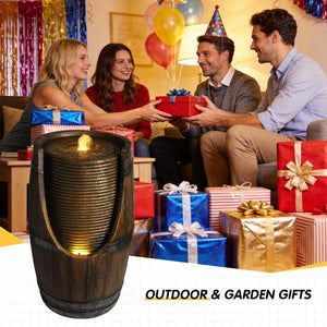 Outdoor Barrel Water Fountain with LED Lights - Rustic Wood Look Resin