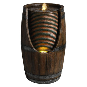 Outdoor Barrel Water Fountain with LED Lights - Rustic Wood Look Resin