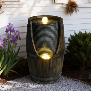 Wooden Barrel Style Outdoor Water Fountain with LED Lights - Brown