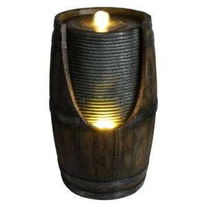 Wooden Barrel Style Outdoor Water Fountain with LED Lights - Brown