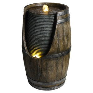 Wooden Barrel Style Outdoor Water Fountain with LED Lights - Brown