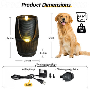 Wooden Barrel Style Outdoor Water Fountain with LED Lights - Brown