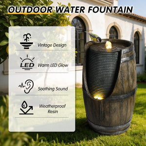 Wooden Barrel Style Outdoor Water Fountain with LED Lights - Brown
