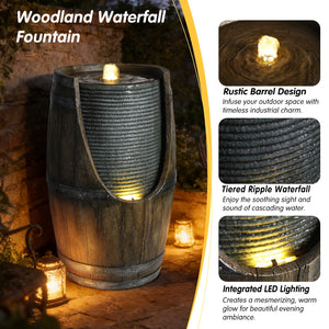 Wooden Barrel Style Outdoor Water Fountain with LED Lights - Brown