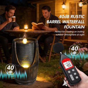 Wooden Barrel Style Outdoor Water Fountain with LED Lights - Brown
