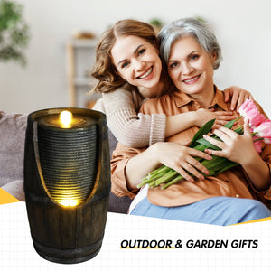 Wooden Barrel Style Outdoor Water Fountain with LED Lights - Brown