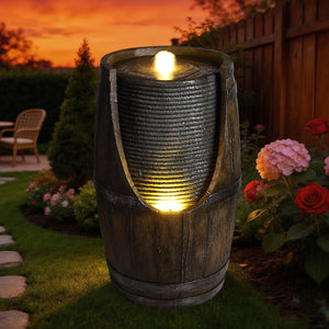 Wooden Barrel Style Outdoor Water Fountain with LED Lights - Brown