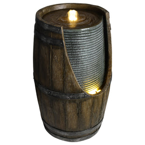Wooden Barrel Style Outdoor Water Fountain with LED Lights - Brown