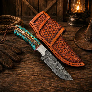 Western Belt Carry Knife – 4” Damascus Blade Pinecone Handle