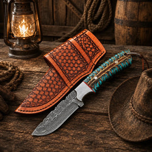Western Belt Carry Knife – 4” Damascus Blade Pinecone Handle